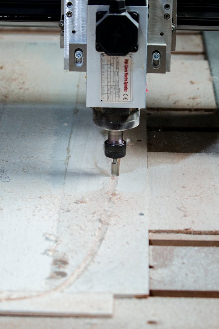 Close-up of a CNC milling machine precisely cutting wood in a carpentry workshop.